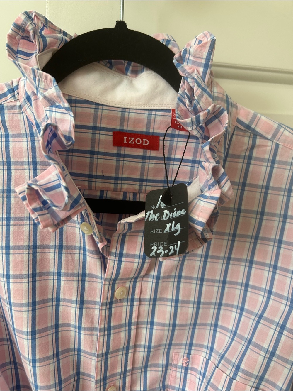 Izod Pink and Blue Plaid Long-Sleeve Button-Down Shirt recreated for a woman - Picture 3 of 4